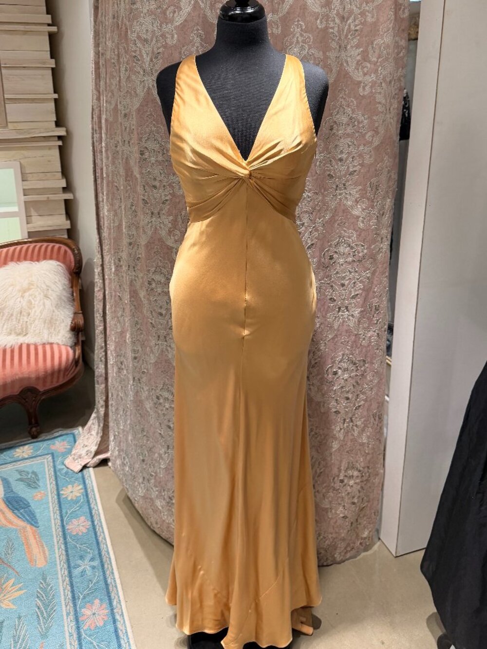 Dina Bar-El Gold Satin Backless Criss Cross Evening Gown